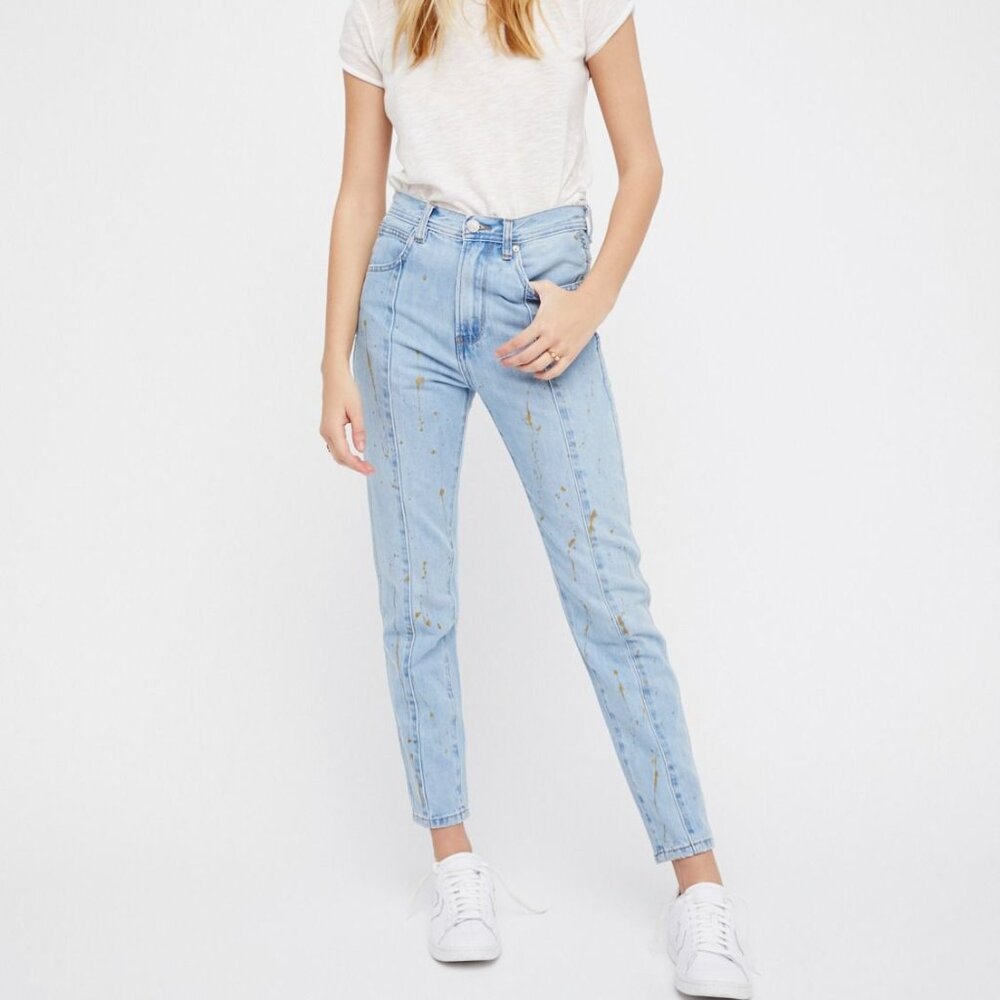 NWOT Zee Gee Why Free People High Rise Step Mum Jean with Gold Paint Splatter